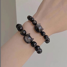 原创仿黑曜石手链猫咪头猫爪手串送闺蜜个性甜酷简约百搭情侣串珠