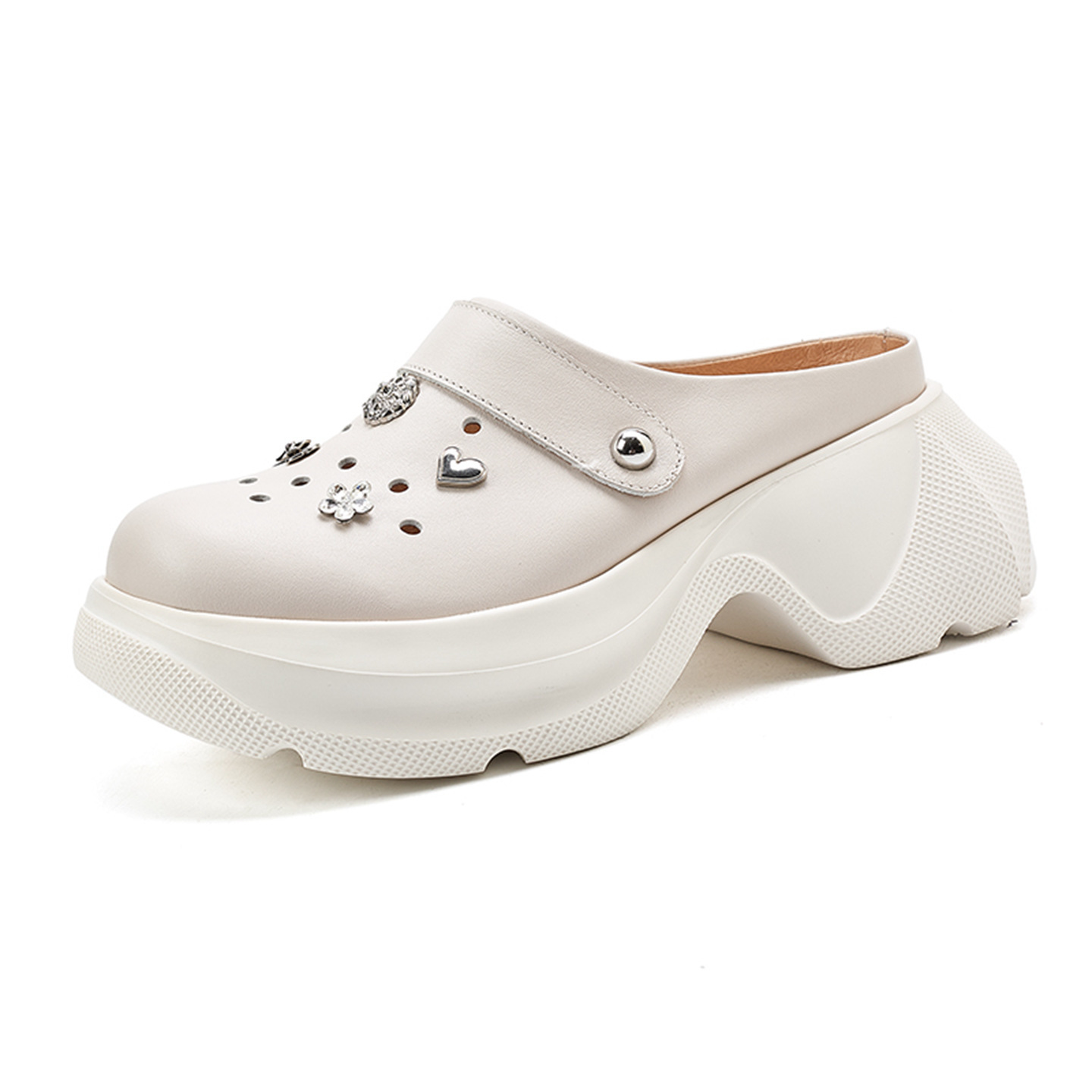 Dép lê nữ mũi nhọn da bò đế dày gót cao 9 cm — màu trắng ngà
