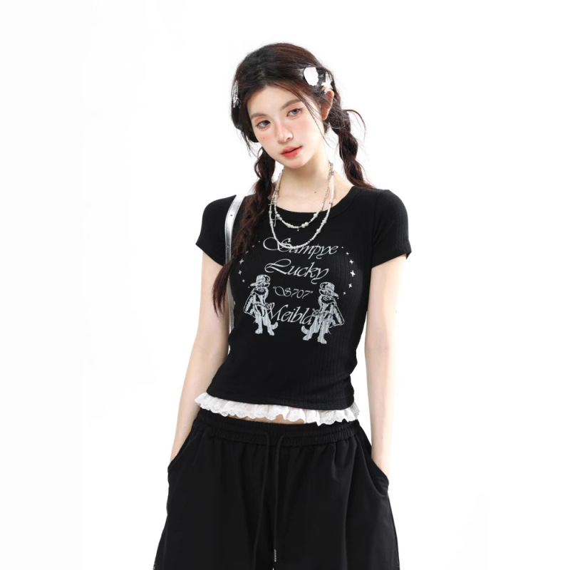 アメリカンレトロレースホットガール半袖Tシャツレディース夏スリムフィットデザインニッチ万能ショートトップ|undefined