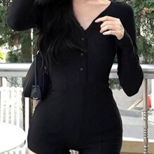 V领长袖黑色辣妹连体裤女秋冬2025新款纯欲风气质包臀打底裤