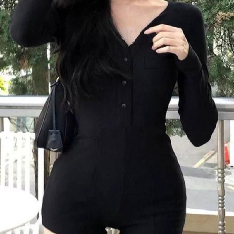 V领长袖黑色辣妹连体裤女秋冬2025新款纯欲风气质包臀打底裤