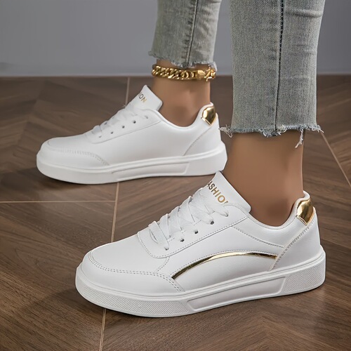 Women's White Fashion Sneakers - Lightweight Lace-Up Low