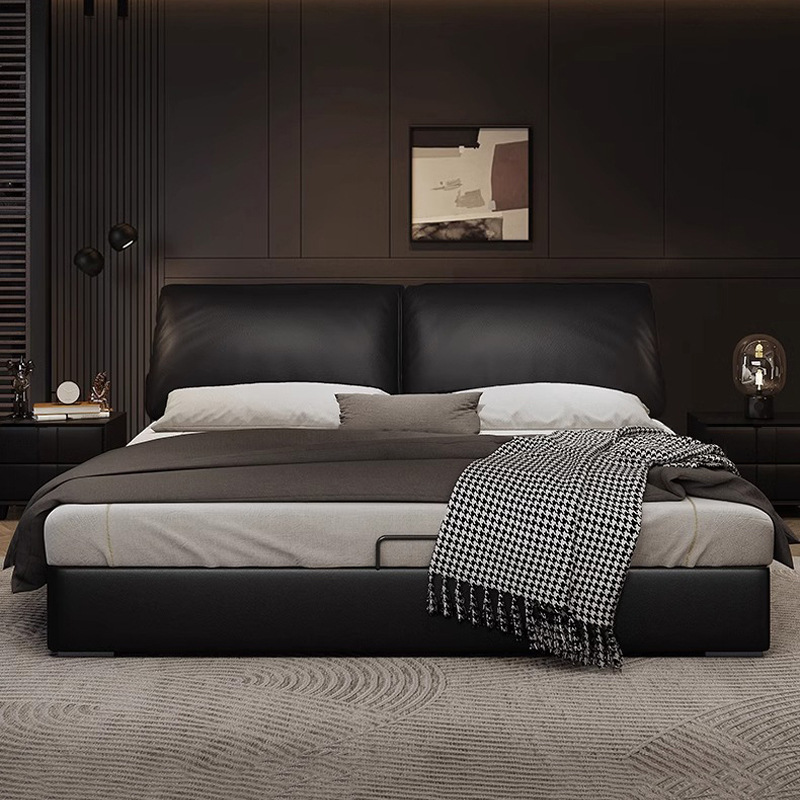 Cama de cuero, cama principal de cuero de vaca, cama de almacenamiento de tres extracciones, cama doble moderna y simple.