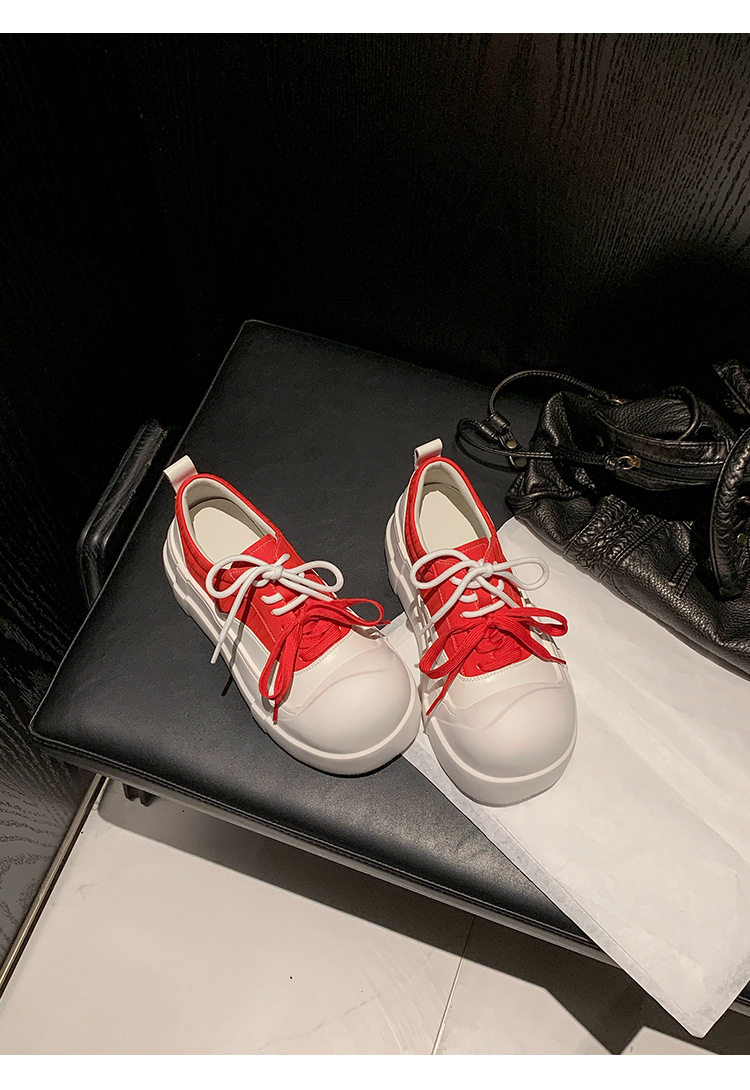 Giày sneaker nữ chunky đế dày mũi tròn phối màu dây buộc cổ sâu — màu trắng, màu đỏ chi tiết 14