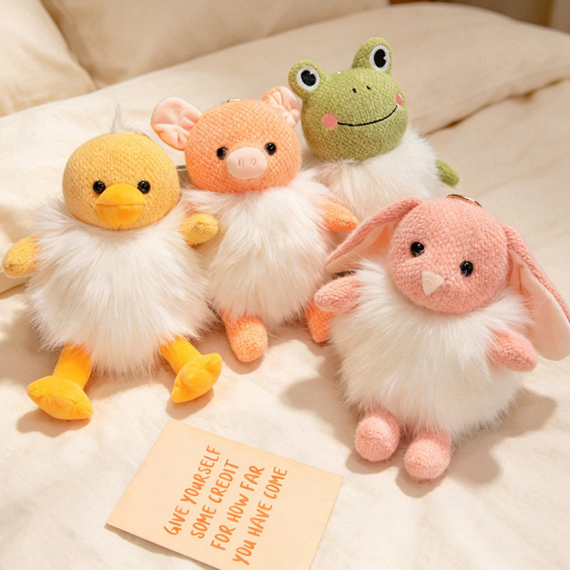 Cute Pig, Duck, Rabbit, Frog Plush Ball Keychain Pendant, Faux Fox Fur Car Bag Decoration, High-End