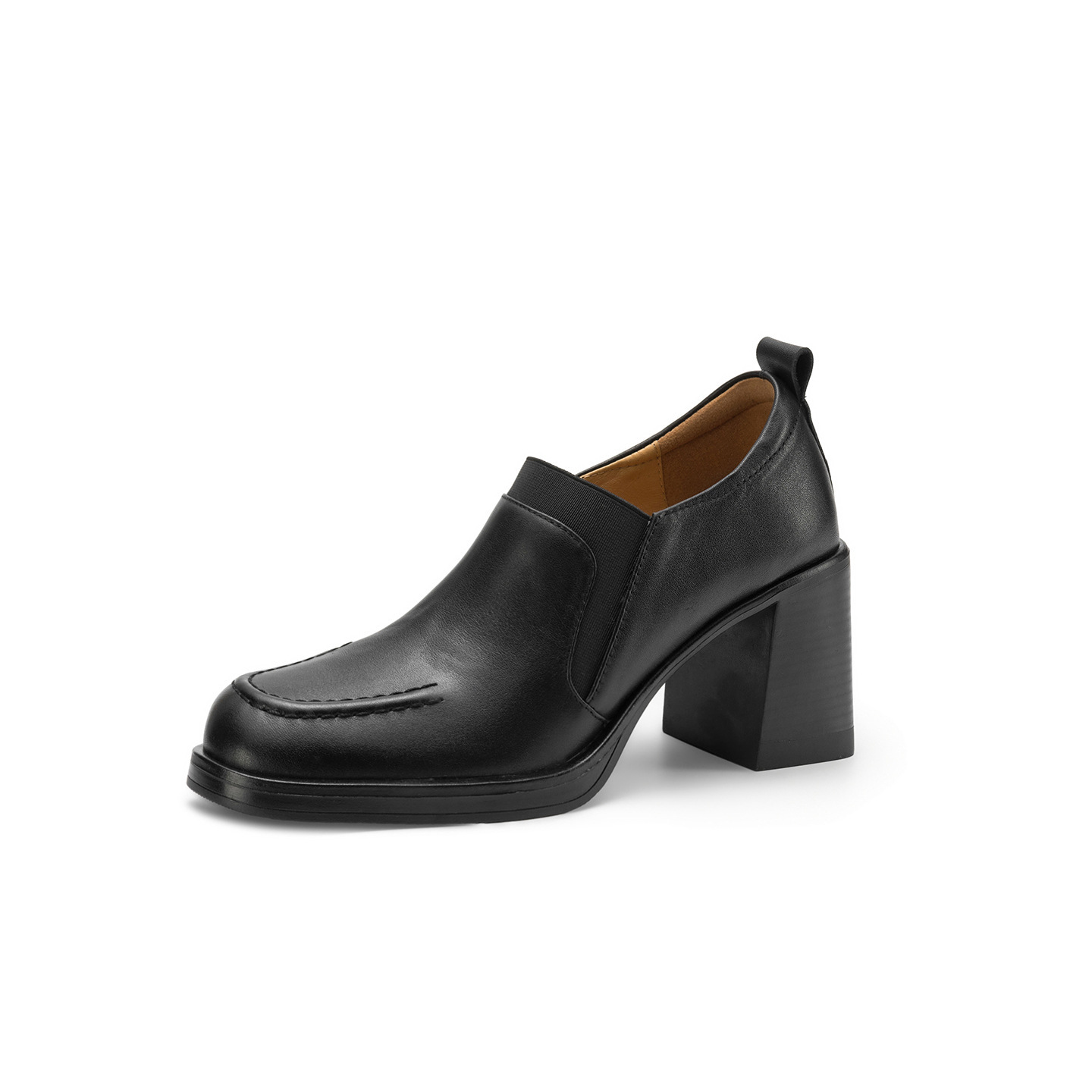 Giày cao gót nữ loafer cổ điển mũi sâu gót vuông 7.5 cm da bò thật — màu nâu