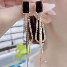 韩国气质个性长款显脸瘦耳坠耳饰品潮高级感几何黑色方块流苏耳环