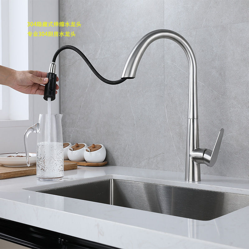 Kaiping kitchen pull-out faucet gooseneck universal telescopic dish washing sink hidden pull-out faucet hot and cold