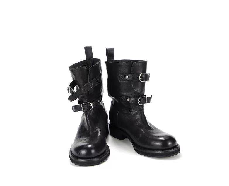 Bốt nữ da bò cổ thấp mũi tròn đế dày gót 3-5 cm — màu đen chi tiết 6