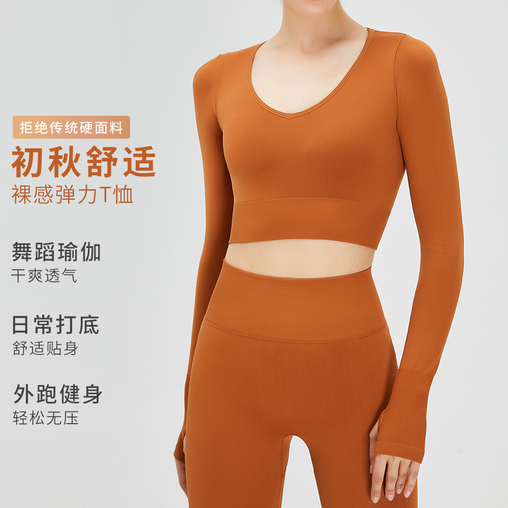 Europa y América nueva camiseta de la Yoga manga larga desnuda elástico Delgado deportes Top V-cuello sexy yoga ropa de entrenamiento para las mujeres