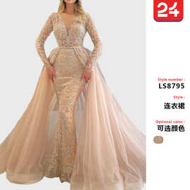 2025新款跨境欧美女装连衣裙气质拖尾法式简约洒金宫廷风网纱礼服