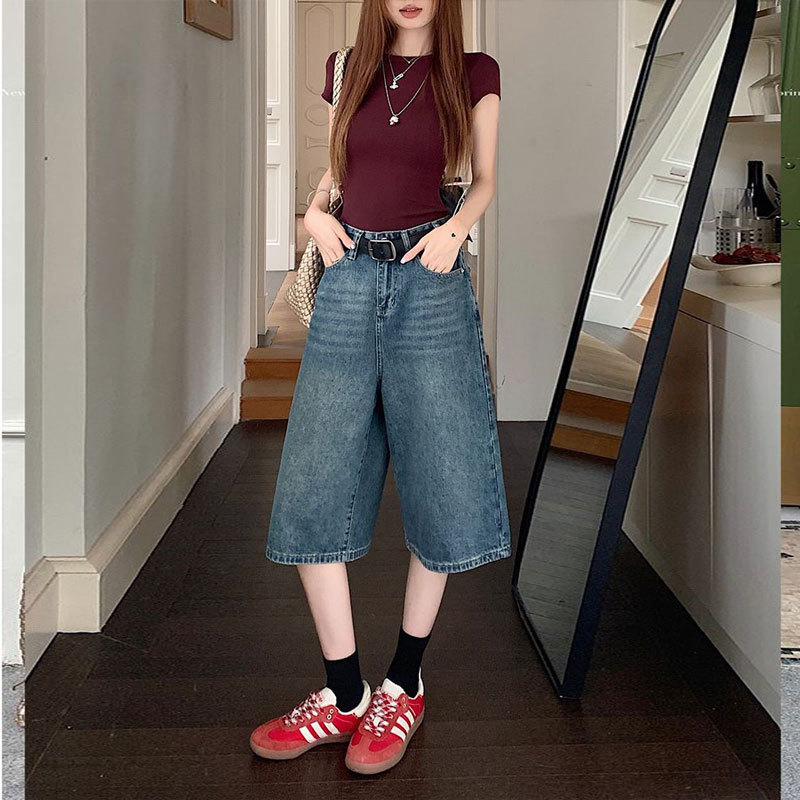 Petite High-Waisted Tummy Control Height-Enhancing Wide-Leg Cropped Denim Shorts for Women 2025 Summer Thin Slimming Straight Mid-Length Shorts