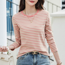 2024秋季新款条纹圆领长袖T恤女士上衣速卖通亚马逊跨境货源代发