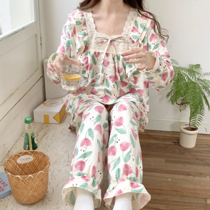 Estilo puro deseo otoño e invierno nuevo pijama de las mujeres tejido de algodón fresco manga larga ins estilo dulce encaje desgaste del hogar traje