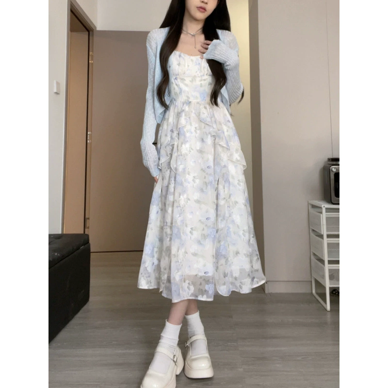 Женский комплект платья с цветочным ремнем в стиле Pure Desire, летний тонкий солнцезащитный кардиган, утягивающее платье First Love в лесном стиле.