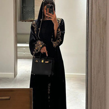 穆斯林女装长袍高定中东宴会礼服迪拜高级长袖礼服烫钻黑色长袍