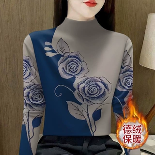 妈妈装中年德绒保暖半高领长袖印花打底衫女洋气高级套头小衫上衣