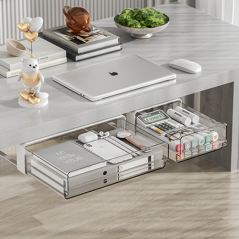 Under-Desk Drawer Storage Box Drawer-Type Hidden Office Document Storage Puncture-Free Adhesive Transparent Pumping