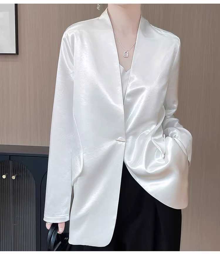ng2510292 White Acetate Satin For Women, 2025 Spring/autumn New Style, Loose Casual Elegant Short Blazer Top_ecoleips.com
