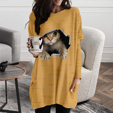 2022新款跨境欧美萌萌猫咪圆领休闲中款宽松连衣裙亚马逊外贸女装