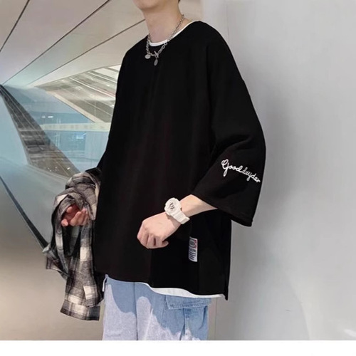 Seven-quarter sleeve men's t-shirt summer 2025 new style fashion brand trend loose large size T-shirt heavy short-sleeved clothes