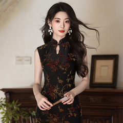 2025秋季新款旗袍黑色无袖旗袍新中式改良鱼尾连衣裙年轻款女旗袍