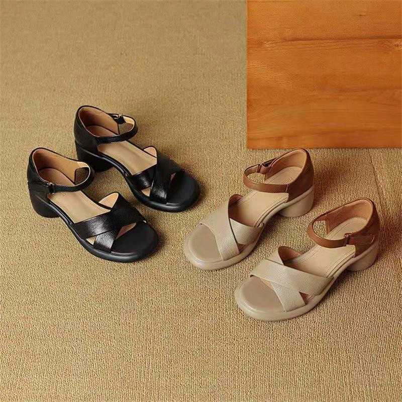 Женские летние босоножки 2025 года из мягкой кожи ретро-стиля на толстой подошве с перекрестными ремешками и открытым носком, на толстом каблуке, в римском стиле