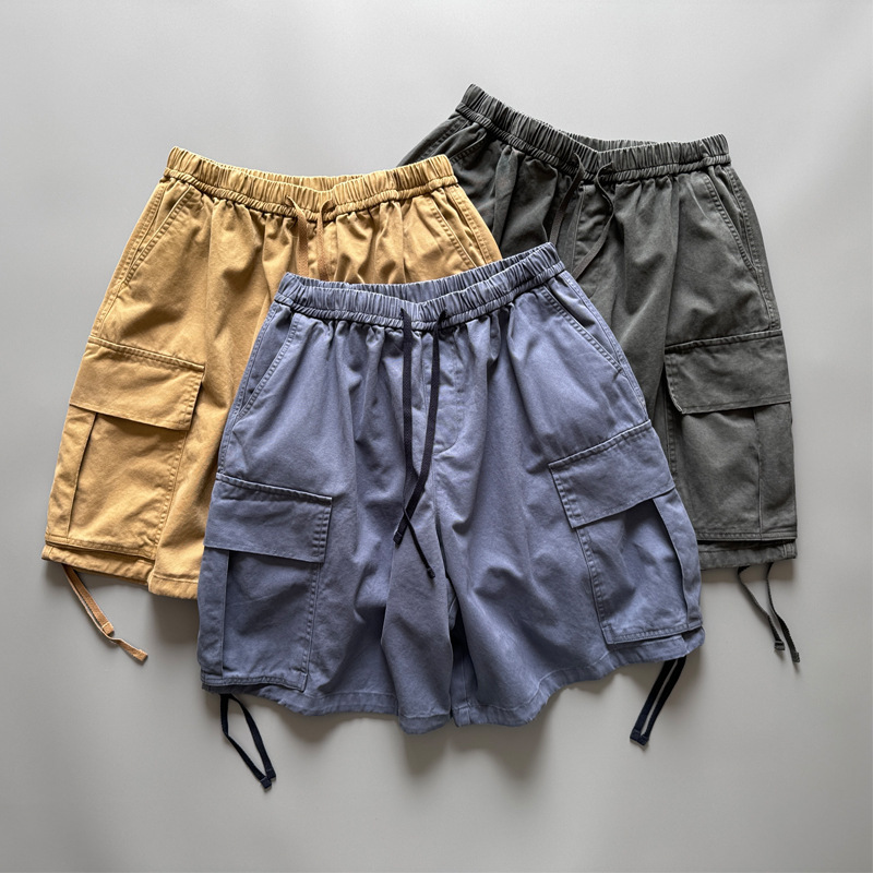 Japanese Retro Work Shorts Men Heavy Cotton Washed Vintage Six-Point Casual Loose Wide Mid-Length Pants Men