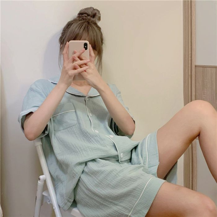 韓国の新しいバブルパジャマ女性の夏の新しいシンプルなルーズ半袖ショーツ甘い薄いホーム服|undefined