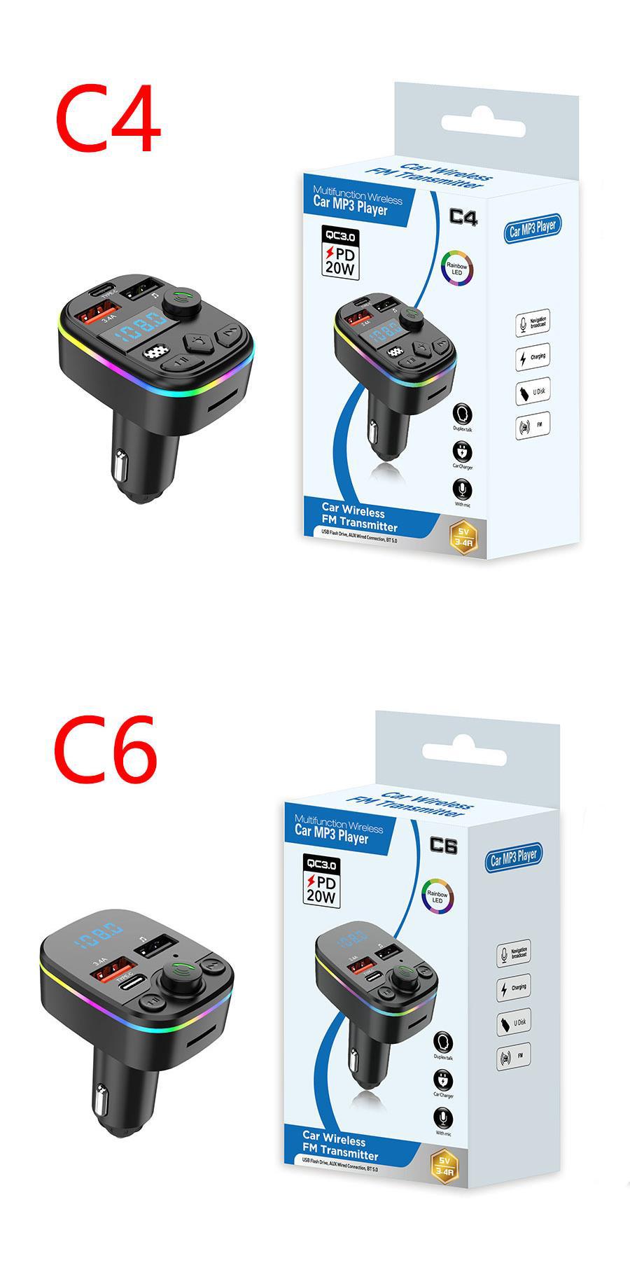 Cross-border C4 Car Bluetooth MP3 Hands-Free Call Card Playback FM Transmitter 3A Bluetooth Car Charger Source Factory