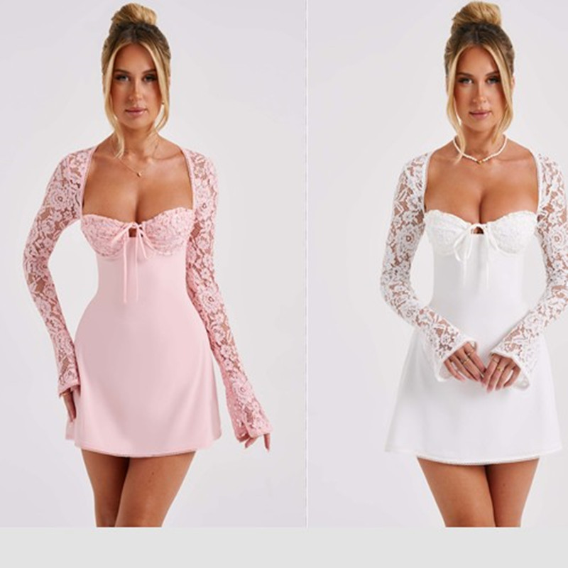 2024 cross-border new women's clothing European and American foreign trade fashion sexy square collar lace long sleeve dress backless lace