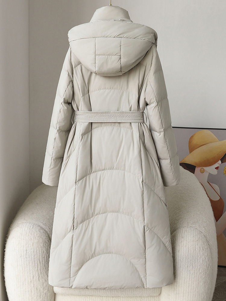 Gran venta, chaqueta de plumón para mujer, nueva chaqueta de otoño e invierno 2025, chaqueta holgada de plumón de pato blanco Pinghu con cuello levantado largo