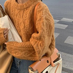 日系复古橘色圆领套头短款毛衣女麻花冬季外穿宽松慵懒风针织衫