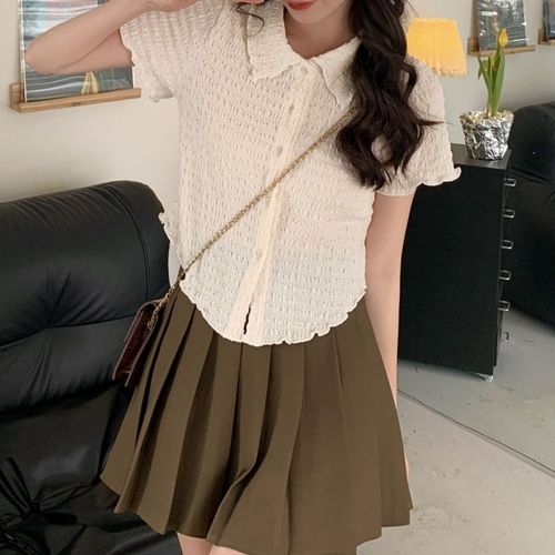  Korean style girl slimming versatile short-sleeved shirt for women with POIO collar 