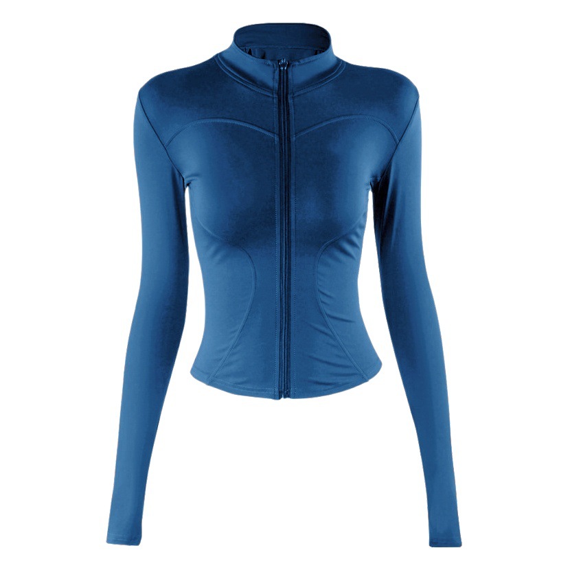 Cuello de soporte Delgado Chaqueta deportiva Aptitud apretada de las mujeres Top manga larga secado rápido cremallera delgada ropa de yoga otoño