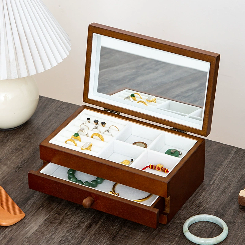 Retro storage system, antique storage box, necklace, ring, earrings, jewelry, wooden sophisticated accessory, light luxury style