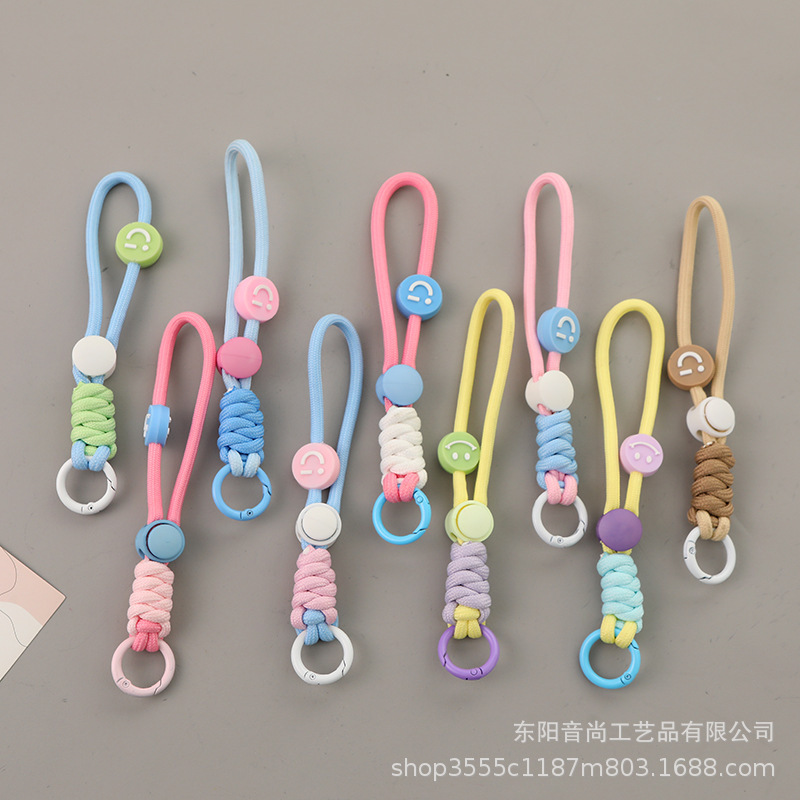 Short Contrasting Color Creative Smiley Face Mobile Phone Case Pendant Woven Hand Rope Versatile Hand Chain Adjustable Anti-Lost Pendant