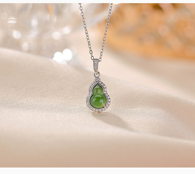 Mặt dây chuyền bạc S925 mạ vàng đính ngọc bích tự nhiên hình lá tre và quả hồ lô — Bạc (không kèm dây) chi tiết 4