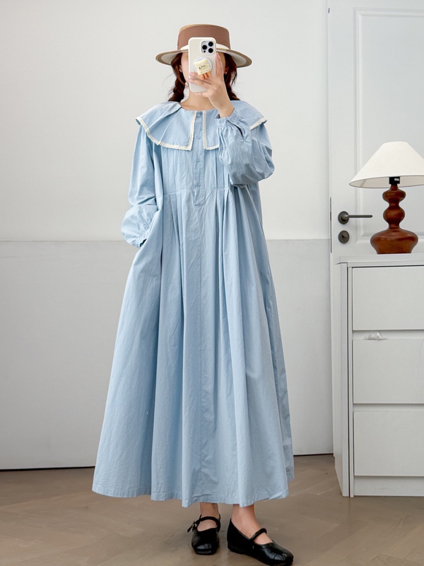 French Retro Literary Doll Collar Long-Sleeved Cotton Dress Half-Cardigan Design A-Line Large Skirt Long Skirt French Retro Literary Doll Collar Long-Sleeved Cotton Dress Half-Cardigan Design A-Line Large Skirt Long Skirt