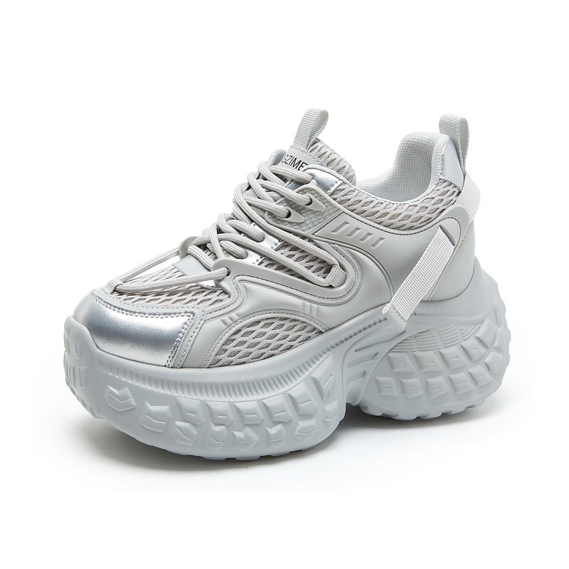 Giày sneaker nữ chunky đế dày độn cao, mặt lưới thoáng khí mùa hè thu — Màu be
