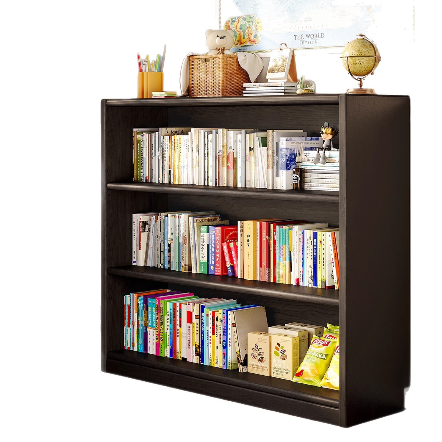 Estante de madera sólida un estante de piso contra la pared armario negro armario de almacenamiento para estudiantes estante de libros simple