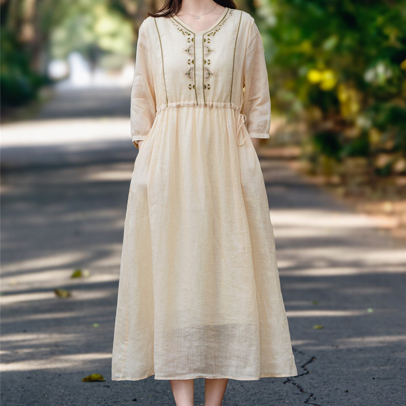 2025 Summer Solid Color Extended Waist-Tie Drawstring Long Dress Artistic Women's Mid-Sleeve Single Layer Embroidered Dress 2025 Summer Solid Color Extended Waist-Tie Drawstring Long Dress Artistic Women's Mid-Sleeve Single Layer Embroidered Dress