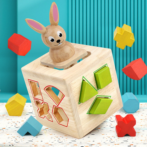 Cross-border children's wooden small rabbit intelligence box geometric shape matching blocks baby hand-eye coordination brain development toy