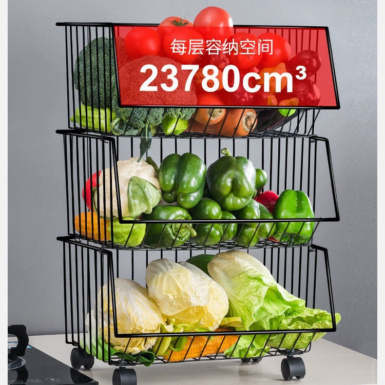 Kitchen Floor Storage Rack, Multi-Layer Wire Basket, Black with Wheels, 3–4 Tier Options