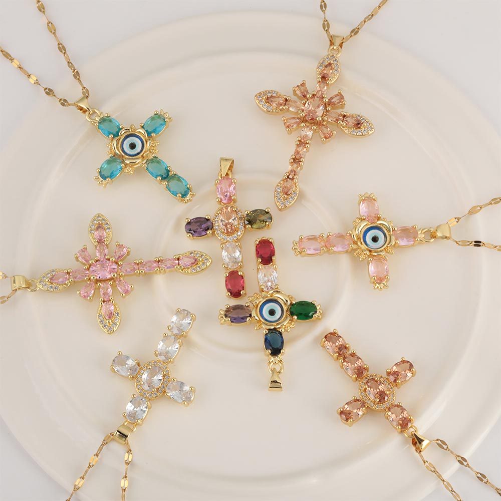 Copper Material Cross, Lips, Colorful Pattern Cross Lips Colorful Copper Elegant Copper Charms Pendant Necklace