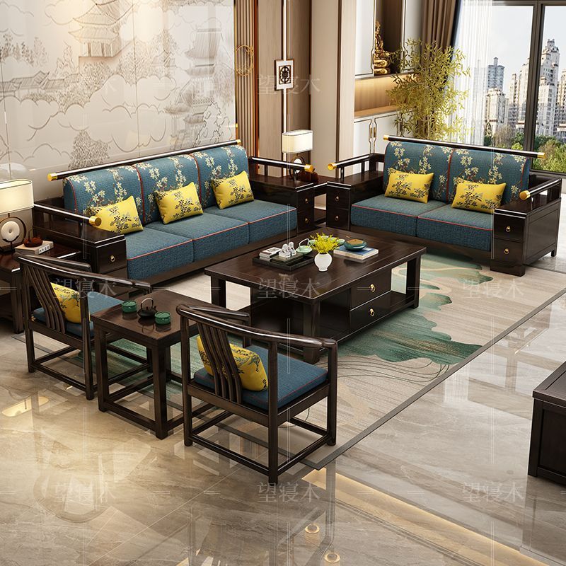 New Chinese Style Sofa Oak Solid Wood Armrest Box Combination Living Room Winter and Summer Dual-Use Chinese Style Storage Furniture