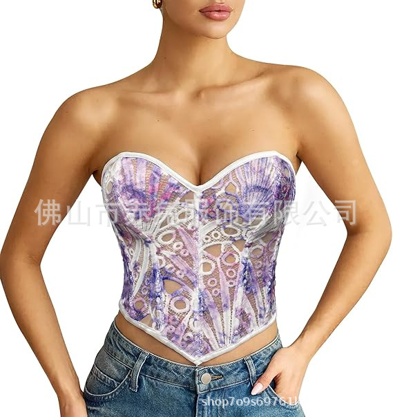 1 blusa de corsé en forma de corazón bordada con malla de malla de mujer y flores con hueso de pescado atado en la parte trasera image 9