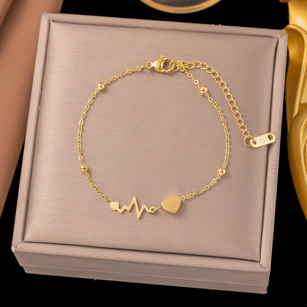 Real Gold Plated Plating Material 304 Stainless Steel Pendant Material PVD Coated Real Gold Plated Heart Shape Titanium Steel Simple Style Waterproof Non Tarnish Titanium Steel Bracelets