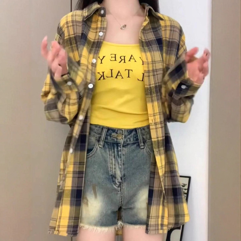 2025 New Style Shirt Japanese Retro Fresh Style Cool Loose All-match Outdoor Yellow Black Plaid Shirt Jacket