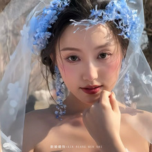 新款新娘头饰蓝色羽毛铃兰花头箍发饰森系高级感超仙影楼拍照头饰